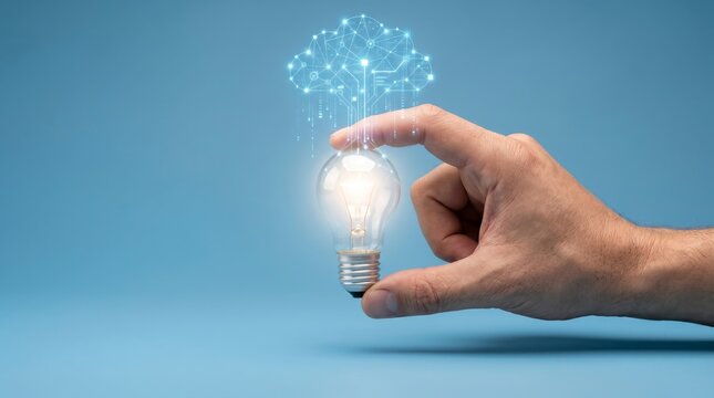 A hand holds a glowing light bulb symbolizing a bright idea, with a digital cloud network above, representing innovation and technology.