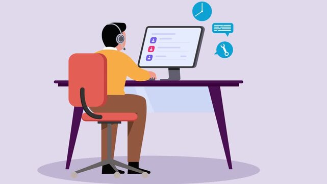An animation of a dedicated customer support agent using a headset and computer in a modern office workspace illustration