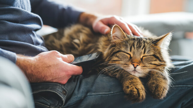 Person petting cat while using phone, cozy home lifestyle, technology and pet ownership