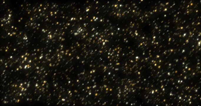 Countless shimmering particles swirl randomly, creating the effect of a bubbling golden stream in deep space. The rhythmic movement of luminous dots forms a mesmerizing and luxurious background.