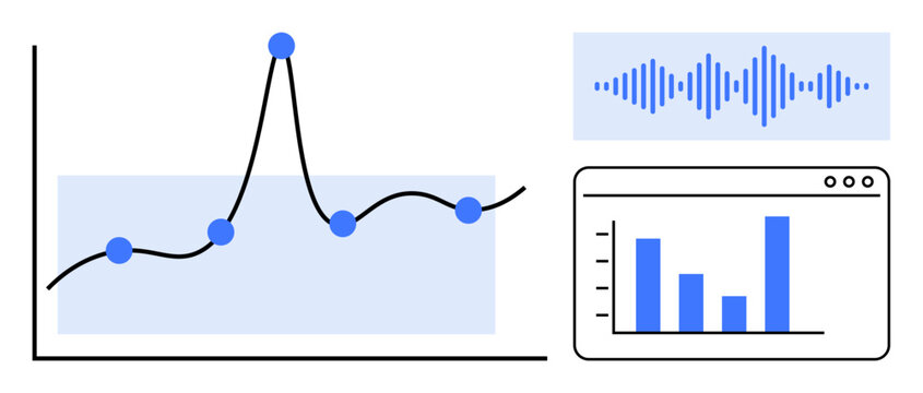 Data analysis concept. Data visualizations thumbs up line graphs and bar charts for trends and comparison, paired with audio waveform analysis. For analytics, business insights, tech tools