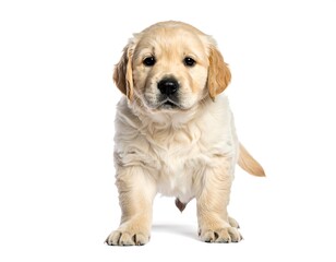 Obraz premium Adorable golden-coated canine puppy facing the camera on a white backdrop, paws forward, head tilted slightly, and tail slightly upward