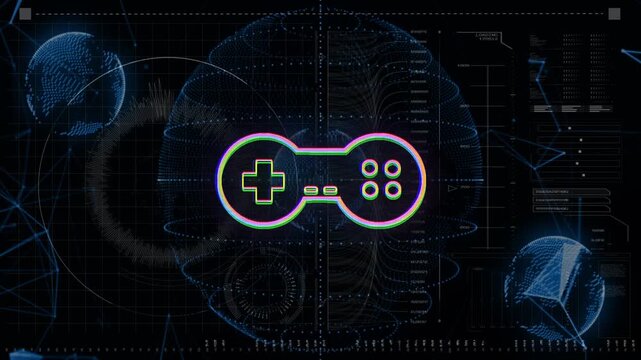 Glyph appearing, stylized controller expanding, glitching then splitting, revealing wireframe brain