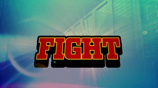 Faint cyan silhouette appearing, bold 3D FIGHT expanding while rings sweeping, introducing title