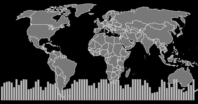 Audio equalizer pulsing, starting map pan while stylized world map shifting right for audio sync
