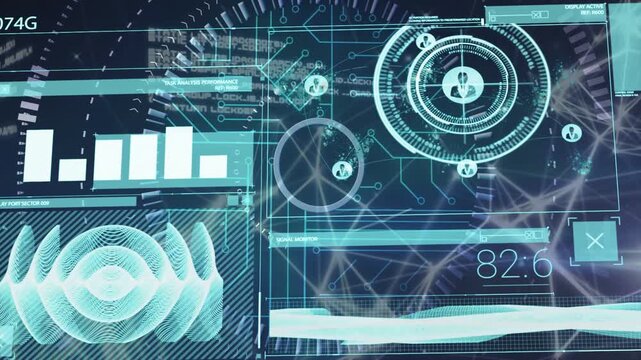 Numeric readout rising, HUD updating, ring rotating, nodes appearing, showing network connectivity