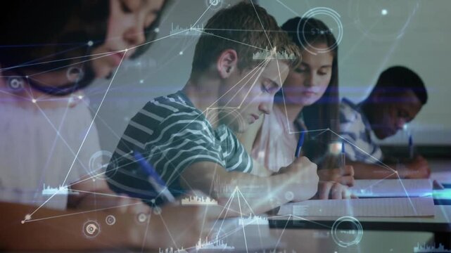 Boy in striped shirt and peers writing in class, camera zooming, overlay rising, doing classwork