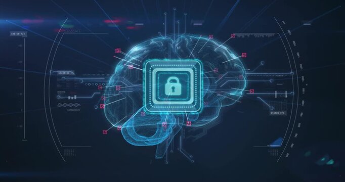 Central chip pulsing, holographic brain lighting pink nodes and extending lines for secure mapping