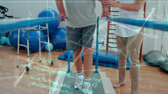 Male patient shifting weight on rail, PT placing hand starting rehab steps, overlay over patient