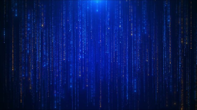 Blue digital data rain background with vertical glowing streams, gold highlights, and deep technology texture. Perfect for cyber videos, server visuals, AI intros, and software overlays.