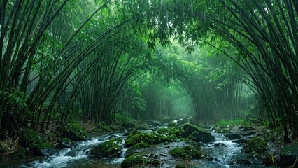 Obraz premium Meghalaya Bamboo Forest in Monsoon Rain - Tropical Jungle Landscape