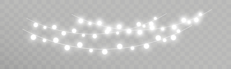 Naklejka premium white string lights garland glowing bulbs overlay festive decoration isolated on transparent background 