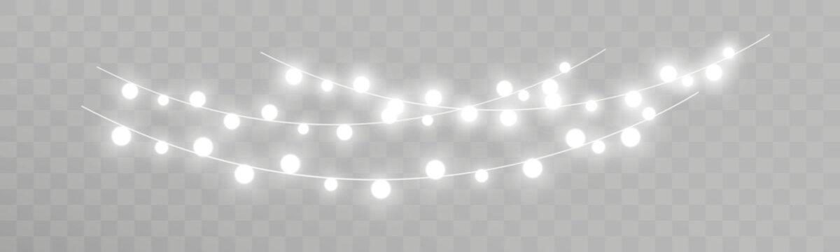 white string lights garland glowing bulbs overlay festive decoration isolated on transparent background
