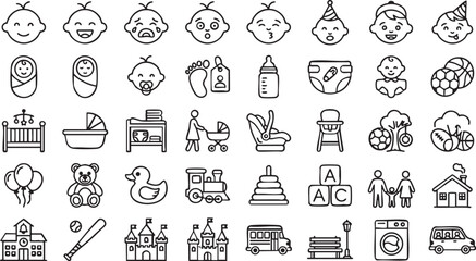 Fototapeta premium Baby icons set featuring various infant accessories newborn childcare items and nursery equipment presented in a clean flat linear vector style for web and app design