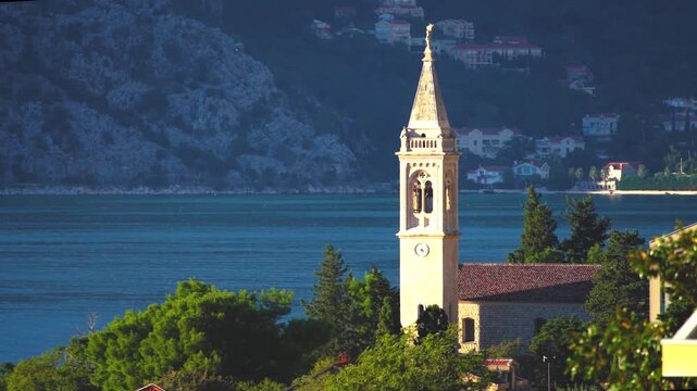 View of the church at sunrise in Kotor, Montenegro