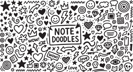 Naklejka premium Doodles set featuring hand drawn sketchy icons including hearts stars arrows speech bubbles and various geometric shapes on a plain white background for design usage