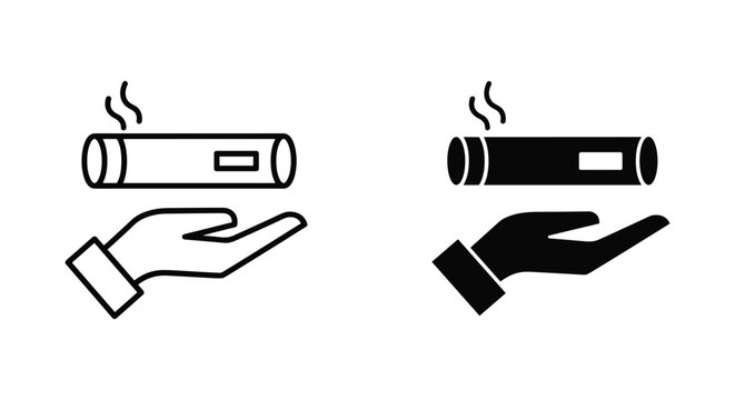 Hand holding electronic cigarette or vape device icon set in outline and solid black style representing smoking cessation and alternative nicotine delivery systems for health advocacy graphics