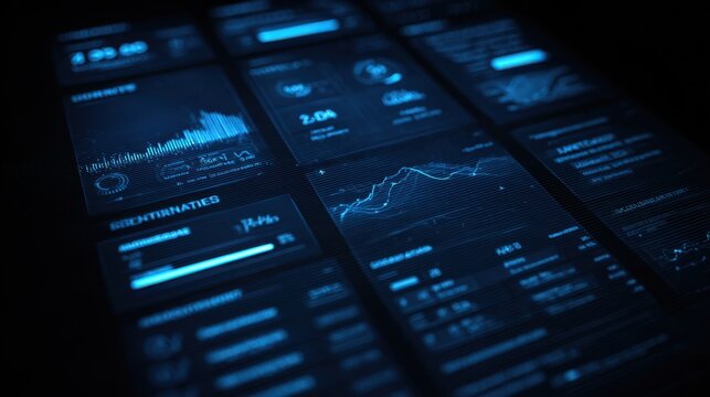 Cyber Analytics: A digital tableau of data analysis comes to life, a sleek array of glowing screens. Data visualization and processing. Showcasing insights and trends.