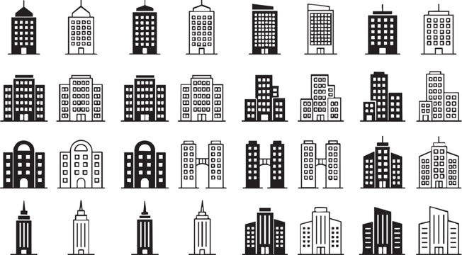Building icons set representing various modern architecture styles for urban real estate development projects including office skyscrapers and corporate apartment towers in simple vector format