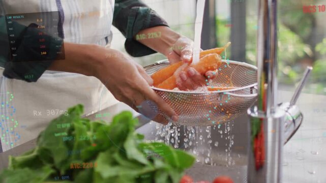 Woman washing carrots in colander under running faucet for cooking, faint data overlay appearing