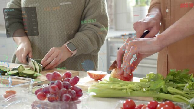 Couple prepping food, left slicing cucumber, right chopping apple, HUD tagging counts, jars filling
