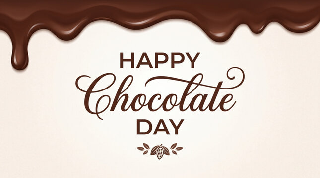 Happy chocolate day greeting banner with dark liquid cocoa dripping from top border on cream background for premium dessert marketing design
