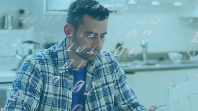 Man eating while checking smartphone at kitchen table, tech binary overlaying bowl and man