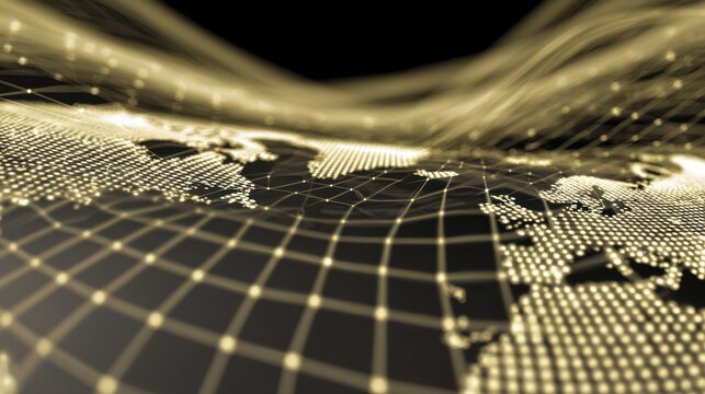 Global Network Visualization: A stunning abstract representation of a global network, with interconnected points and lines, forming a digital landscape that symbolizes connectivity and data flow.