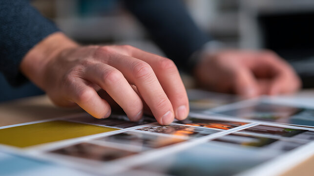 Professional hands view and evaluate digital photos on printed contact sheet for creative project. Designer choose best image for marketing concept