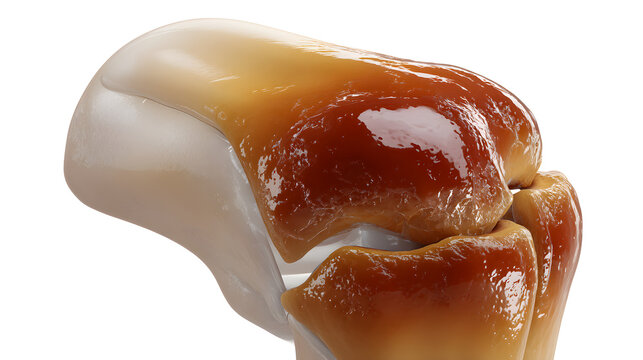Photorealistic medical illustration of knee bursitis inflamed bursa swollen knee joint human anatomy close up