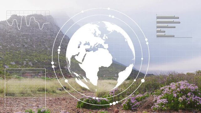 White globe appearing rotating with rings HUD charts building pulsing fading back showing data