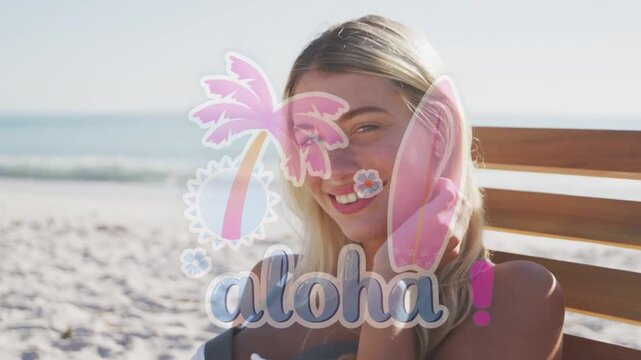 Woman sitting beach chair tucking hair circular wipe changing aloha overlay on her for travel promo