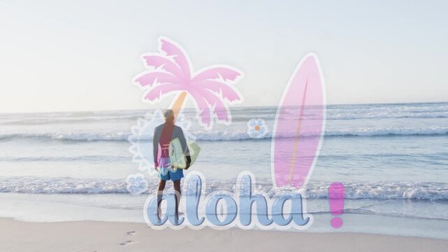 Man walking to surf with board, aloha overlay fading, revealing man preparing to surf for travel