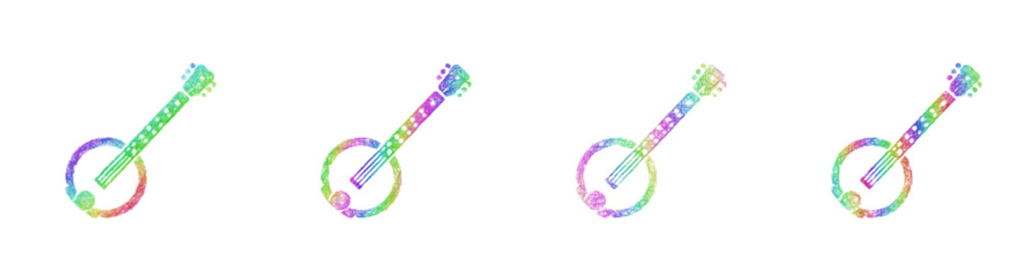 Multicolored sketch banjo icon design set
