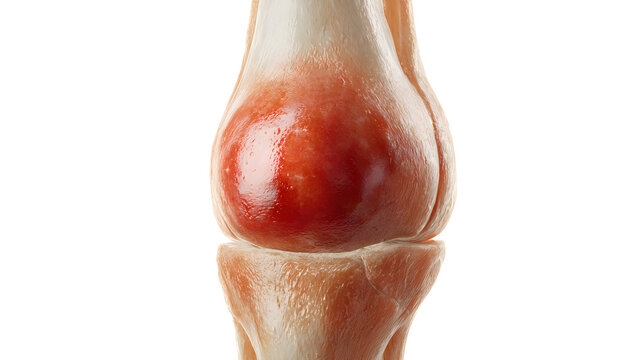 Photorealistic medical illustration of knee bursitis inflammation and swelling human anatomy red and white isolated on white background detailed and realistic