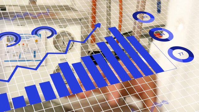 Technician hand hovering near gauges, bringing grid and blue charts occluding panel for diagnostics