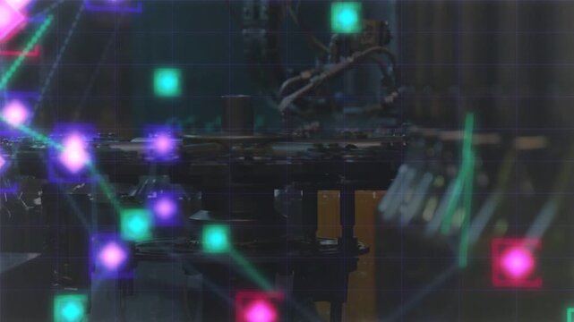 Neon nodes appearing and starting overlay rotating turntable moving bottles in factory under tubing
