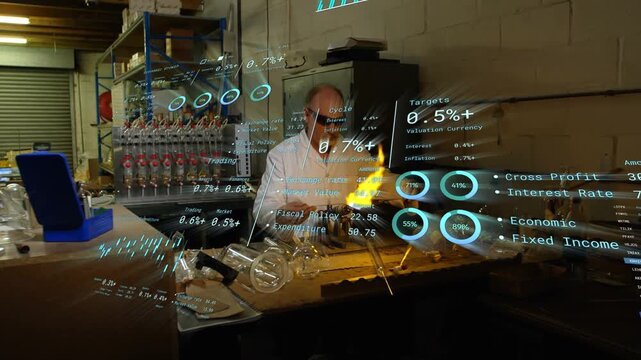Lab technician lighting handheld torch and repairing glass component in laboratory, AR HUD updating