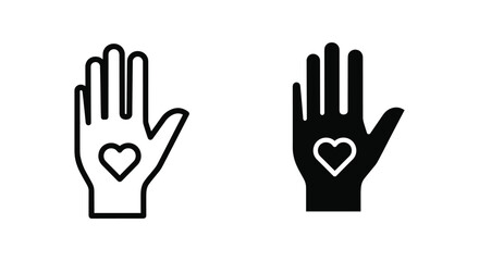 Obraz premium Open hand palm icon with heart symbol representing charity and care in minimalist vector style for non profit organizations and humanitarian aid branding