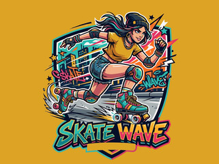 Fototapeta premium Vibrant illustration of a young woman rollerblading with a city background and graffiti