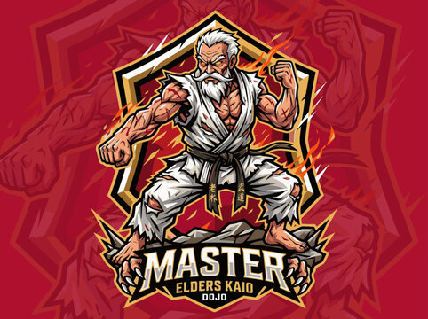 Cartoon martial arts master with white hair and beard in a fighting stance on a red background with flames and gold accents.