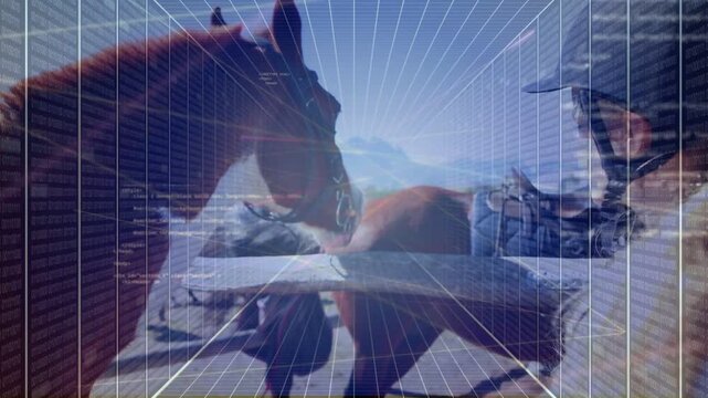 Boy in helmet reaching toward saddled horse, causing radial overlay at corral, preparing for riding