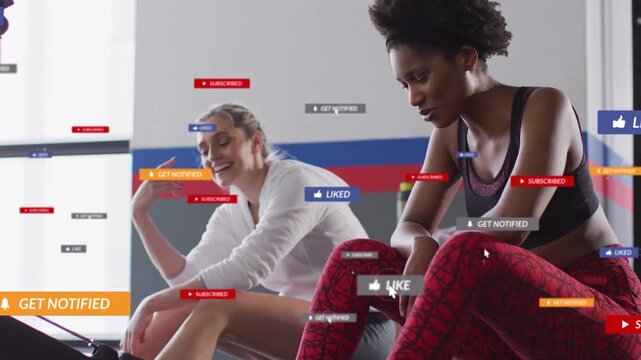 Left woman reaching rower handle, right woman breathing, social overlays appearing for fitness