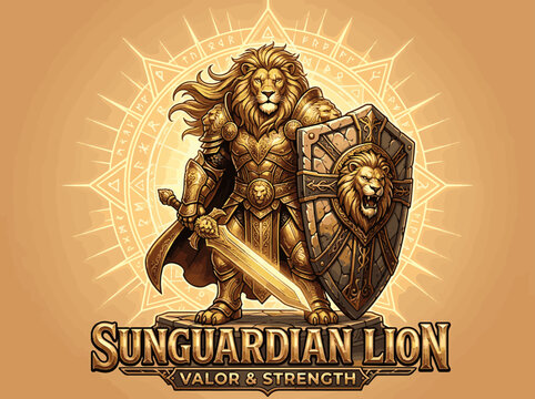A lion in golden armor with a sword and shield standing in front of a glowing symbol, representing valor and strength