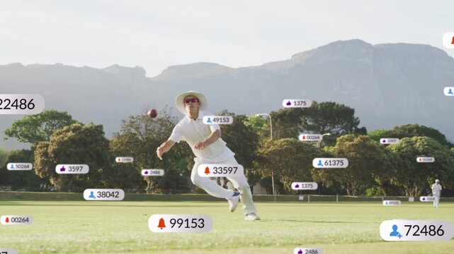 Cricket fielder tracking incoming ball, diving and securing catch while badges overlaying fielder