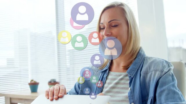 Woman opening laptop and sorting contacts with rising user icons responding to her gestures in tech
