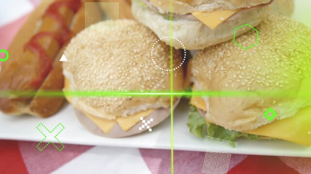 Sliders showing neon overlays, green scan entering left, crosshair aligning to focus lower bun