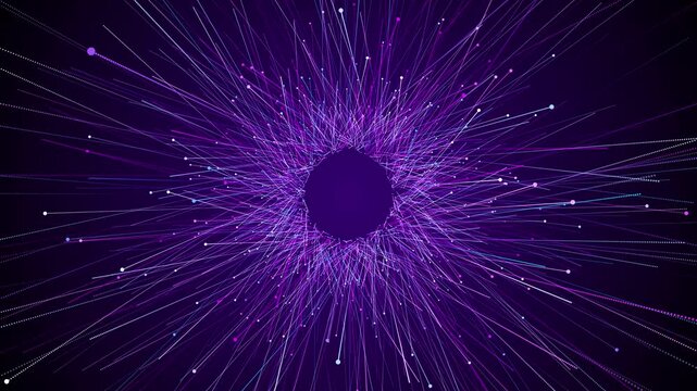 Purple particle burst background with radial light lines, dotted nodes, black center, and energetic abstract motion. Perfect for music videos, technology intros, data visuals, and overlays.