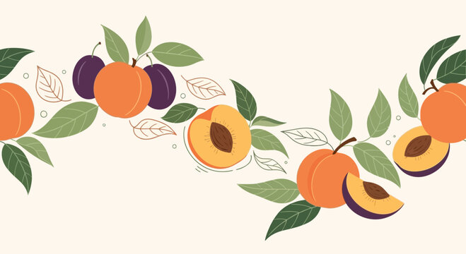 Seamless Pattern of Ripe Peaches and Plums with Green Leaves on a Light Background
