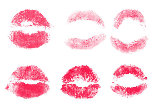 Set of six pink and red lipstick kiss marks isolated on a blank backdrop